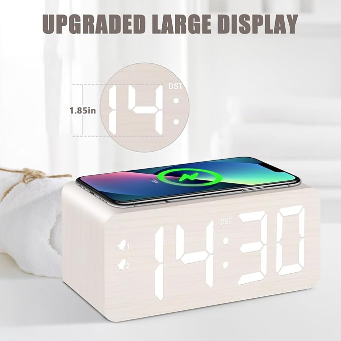 Wooden Digital Alarm Clock, 10W Fast Wireless Charger Station & 2 USB Charging Ports, with 0~99% Dimmer, Dual Alarm, Weekday/Weekend Mode, Wood LED Clock for Bedroom, Desk, Office