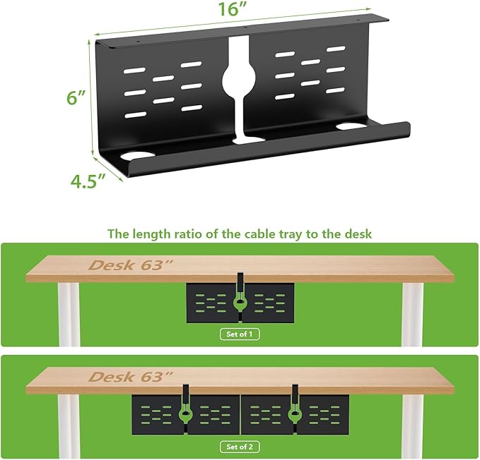 KEEGH 16'' Under Desk Cable Management Tray, No Drill Clamp/Screws Mount, Sturdy Metal Cable Tray for Place Power Strip, Cord Management Tray for Home Office, Gaming Desk, Standing Desk, 1 Pack, Black