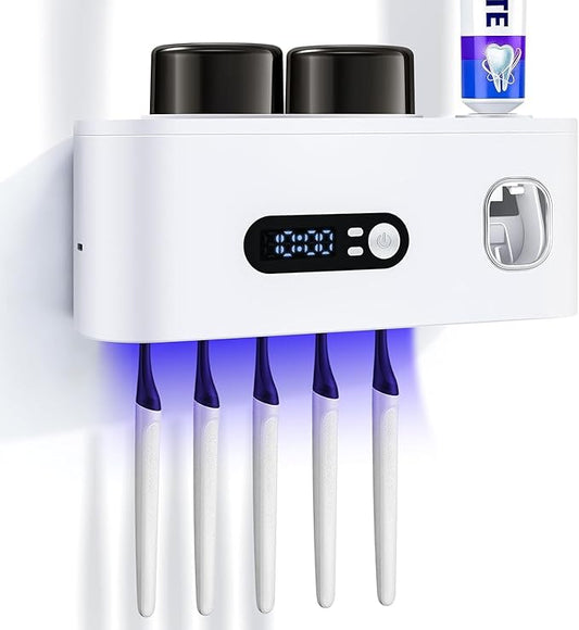 Toothbrush Holder with UV Sanitizer and Toothpaste Dispenser, Timer Display with Wall Mounted Smart Toothbrush Organizer for Bathroom, with 2 Cups and Automatic Sterilization Function, White