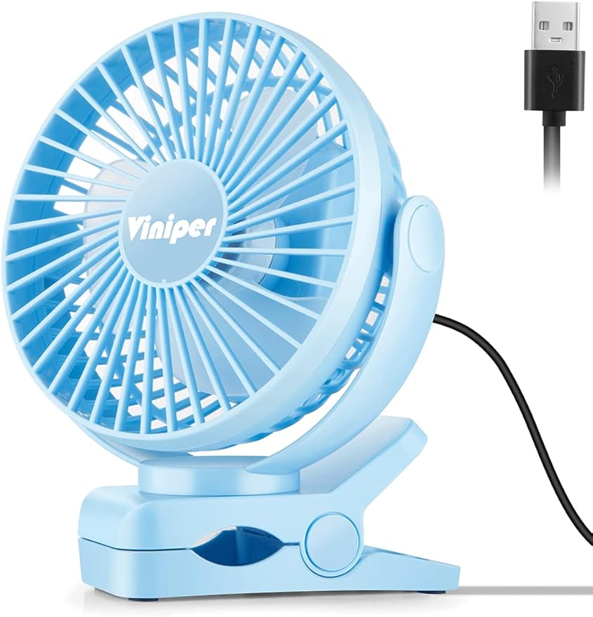 Viniper 6 inch USB Clip on Fan, Portable Small Desk Fan : 360° Rotation, 3 Speeds Wind Table Fan, Quiet Powerful for Home,Office (USB Powered Fan Not Rechargeable) - Light Blue