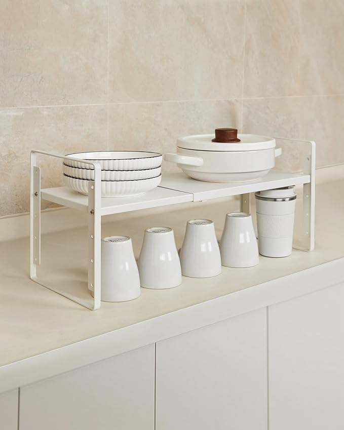 Nxconsu Cabinet Shelf Organizer Expandable 5 Heights Adjustable Stackable Rack Riser for Kitchen Pantry Cupboard Under Sink Organization Storage Space Saver Heavy Duty Metal White