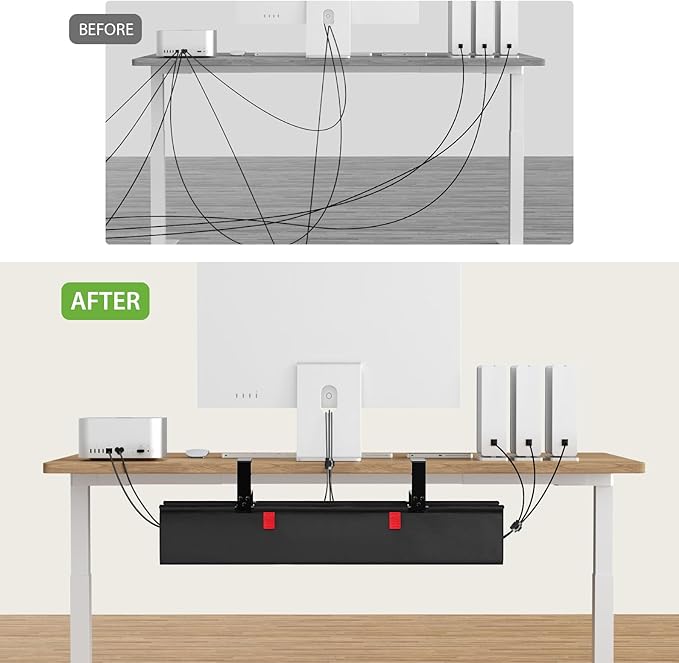 KEEGH No Drill Under Desk Cable Management Tray - 28" Cord Management Under Desk - Clamp/Screw Mount - Support Upto 70lbs - Fabric Wire Management - Gaming/PC Cable Tray Cord Hiders for Office/Home