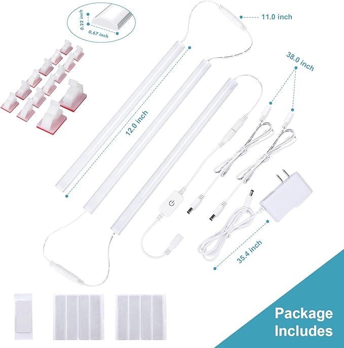 3PCS x 12inch Under-Counter Light Fixtures, LED Cabinet Lights with Memory Function, Warm White 3000K Desk Lighting, Slim Under Cupboard Lighting for Kitchen, Desk, Shelf