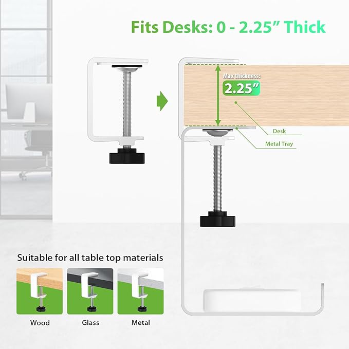 KEEGH 16'' Under Desk Cable Management Tray, No Drill Clamp/Screws Mount, Sturdy Metal Cable Tray for Place Power Strip, Cord Management Tray for Home Office, Gaming Desk, Standing Desk, 1 Pack, White