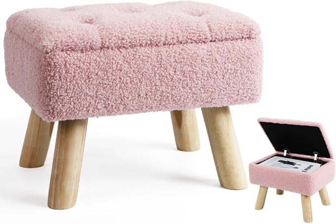 Storage Ottoman, Small Foot Stool Ottoman with Storage, Boucle Teddy Velvet Foot Rest with Padded Seat, Sturdy Wood Legs Stool for Living Room, Bedroom, Couch, Enterway (Pink)