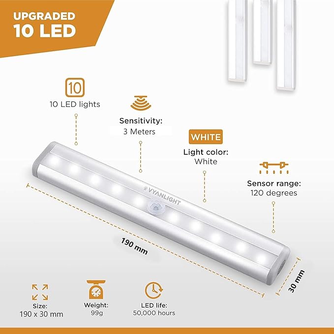 VYANLIGHT Under Cabinet Lighting – Motion Sensor Closet Lights, Battery Operated LED Strip Light Bar, Stick-On Wireless Indoor Lights for Kitchen, Pantry, Hallway, Stairs, 6 Pack