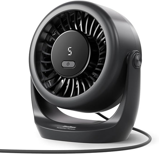 Diveblues USB Desk Turbo Fan, Ultra-Quiet Mini Desk Fan, Powerful Wind, LED Display, 5 Speed, 360° Rotating Small Portable Fan for Home, Office and Outdoor Cool Tech Gadgets - TurboBreeze