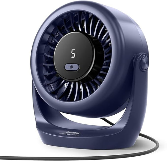 Diveblues USB Desk Turbo Fan, Ultra-Quiet Mini Desk Fan, Powerful Wind, LED Display, 5 Speed, 360° Rotating Small Portable Fan for Home, Office and Outdoor Cool Tech Gadgets - TurboBreeze