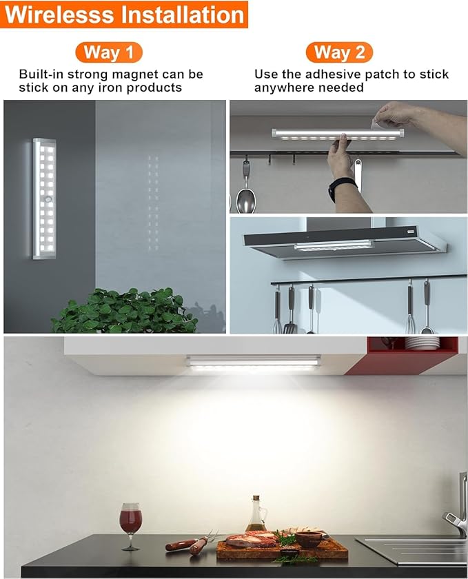 Under Cabinet Lights Wireless, 58-LED Rechargeable Motion Sensor Closet Lights with Remote Control, RGB Color Changing Under Counter Lights for Kitchen, Pantry, Bedroom, Stairs, 2 Pack