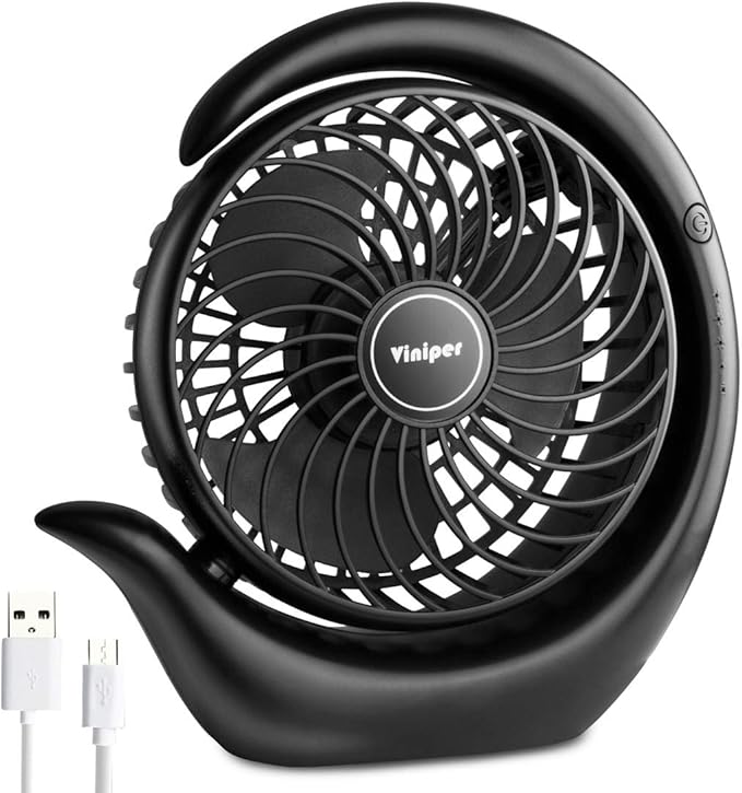 Viniper Portable Rechargeable Fan, Small Desk Fan : 3 Speeds & about 8-24 Hours Longer Working, 180 Rotation, Portable Battery Desktop Fan for Home/Office (Black, Light Black Blade)6.2 inch