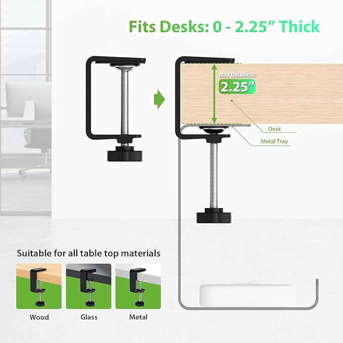 KEEGH 16'' Under Desk Cable Management Tray, No Drill Clamp/Screws Mount, Sturdy Metal Cable Tray for Place Power Strip, Cord Management Tray for Home Office, Gaming Desk, Standing Desk, 1 Pack, Black