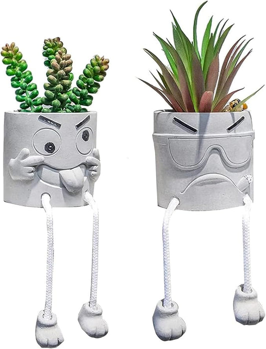 Set of 2 Funny Cement Fake Succulents with Hanging Legs, Small Artificial Desk Plant for Office Decor for Women, Mini Faux Succulents Potted, Gamer Room Decor for Boys, Cute Room Decor for Cubicle