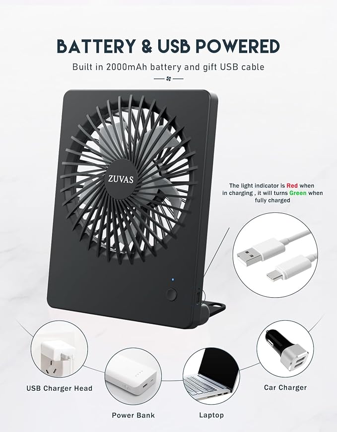 Zuvas Desk Fan Battery Operated Fan Rechargeable 180°Tilt Folding Personal Fan Ultra Quiet Small Portable 3 Speed Adjustable Strong Wind Fan For Office Bedroom Home Desktop Camping (Black)