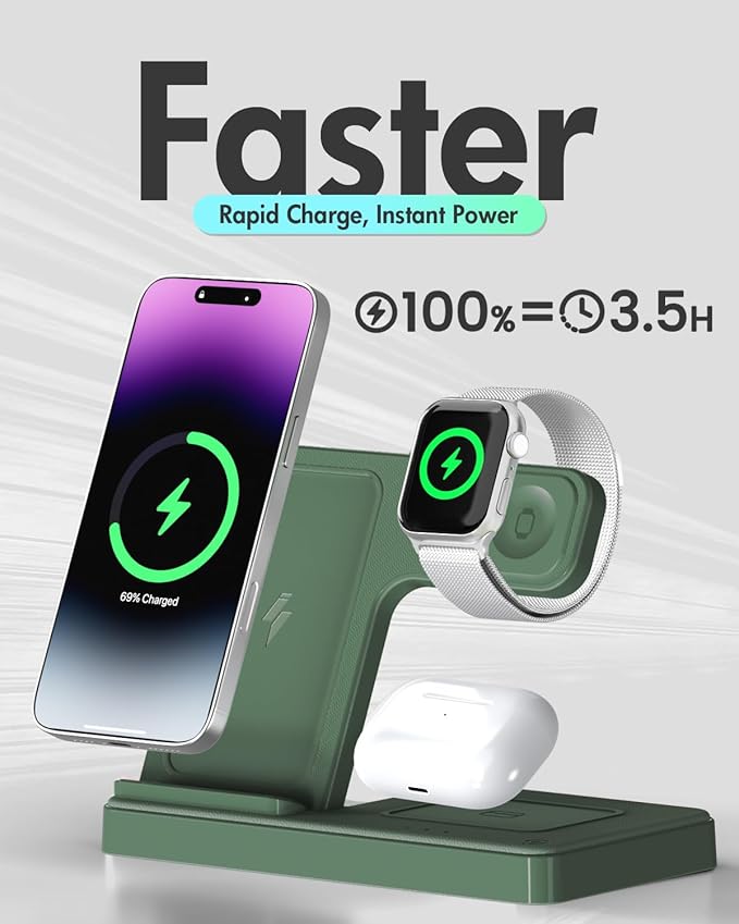 Wireless Charger Stand Charging Station: 3 in 1 Charger Multiple Devices for Apple iPhone 17 16e 16 15 14 Pro Max 13 12 11 for Watch 11 10 9 8 7 6 5 4 3 2 SE and Ultra & Airpods Series, Dark Green