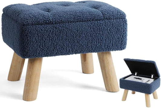Storage Ottoman, Small Foot Stool Ottoman with Storage, Boucle Teddy Velvet Foot Rest with Padded Seat, Sturdy Wood Legs Stool for Living Room, Bedroom, Couch, Enterway (Dark Blue)