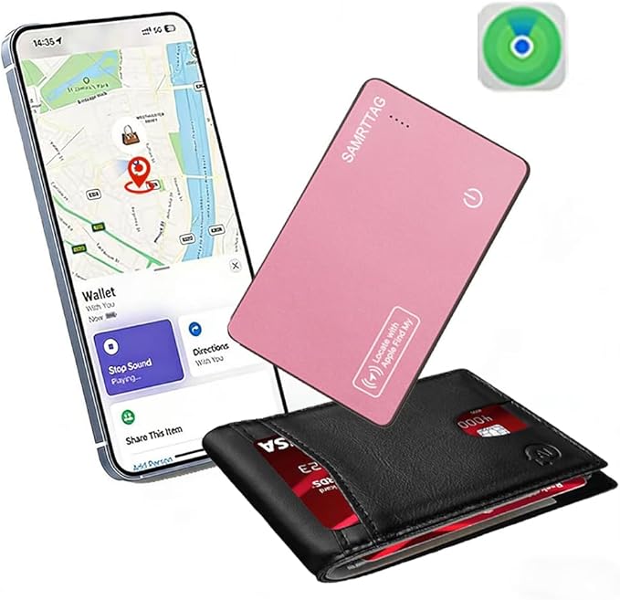 SMART LB Wallet Tracker Card Like Apple Air Tag Work with Apple Findmy(iOS only), Thin Wallet Finder, Wireless Charger(Not Include Charger), air Tags Card Tracker (Pink, Card)