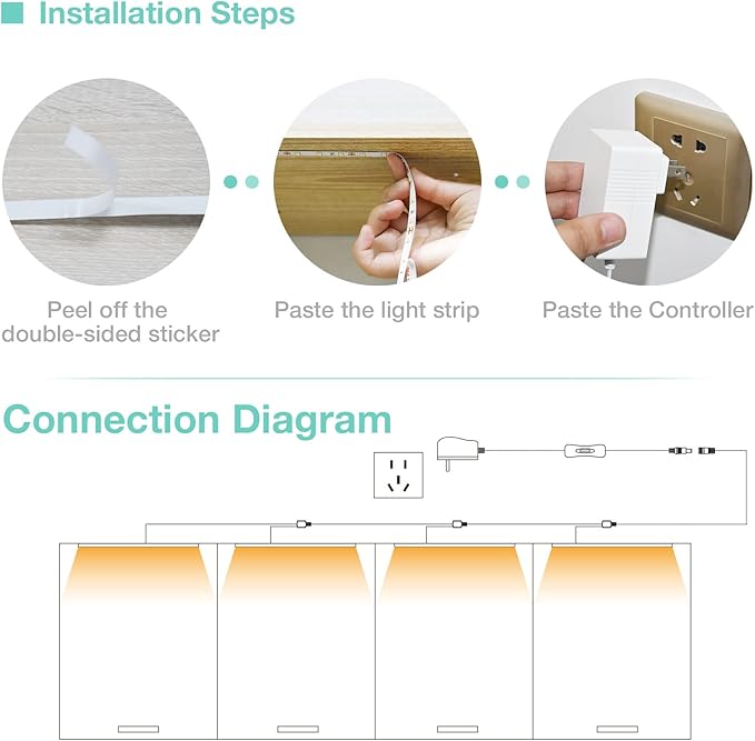 WOBANE LED Shelf Light, LED Closet Light Kit, 4PCS 20inch Pre-Cut Strip Bars, Designed for Shelves,Display Case, Bookshelf, in Cabinet Lighting, 6000K White