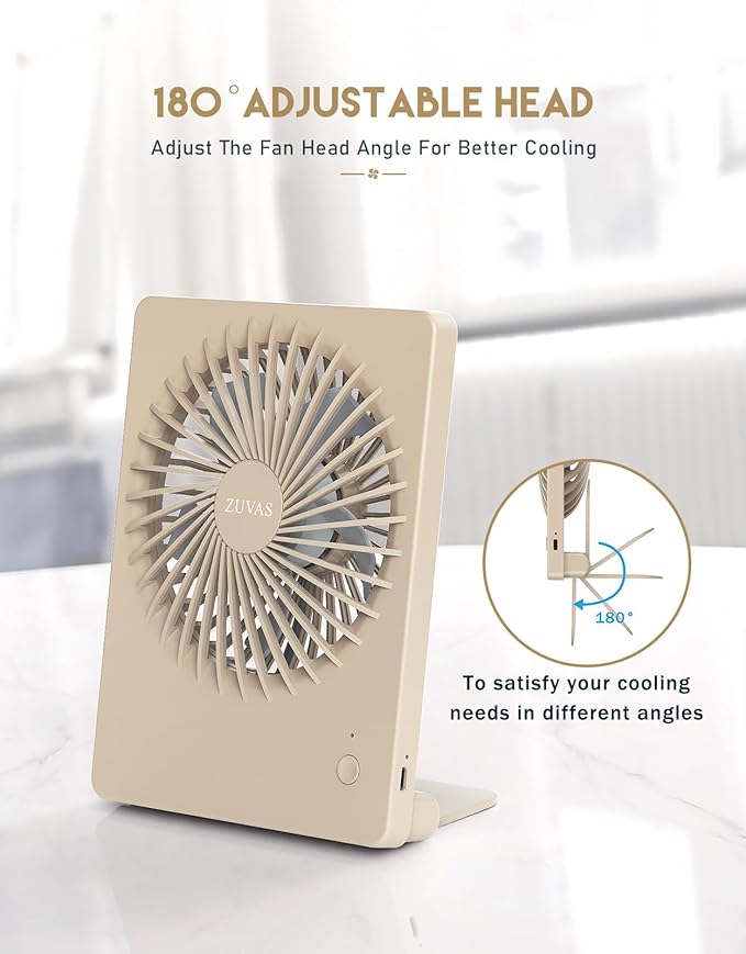 Zuvas Desk Fan Battery Operated Fan Rechargeable 180°Tilt Folding Personal Fan Ultra Quiet Small Portable 3 Speed Adjustable Strong Wind Fan For Office Bedroom Home Desktop Camping (Beige)