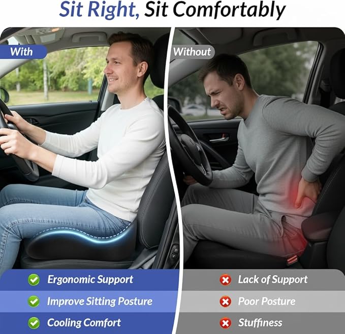 ZIKEE Car Seat Cushion for Driving with Cooling Gel, Ergonomic Memory Foam Seat Cushion for Car Provides Sciatica, Back, Tailbone Pain Relief and Intimate Ventilation, Anti-Slip & Breathable Cover