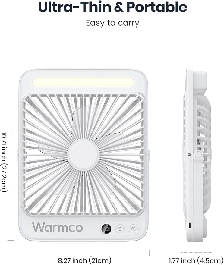 Warmco 20000mAh Battery Powered Fan, Ultra-Slim 8-Inch Portable Camping Fan with LED Lantern, Up to 48H Runtime Rechargeable Desk Fan for Bedroom, Outdoor, Tent, Travel, Cruise Ship Essentials