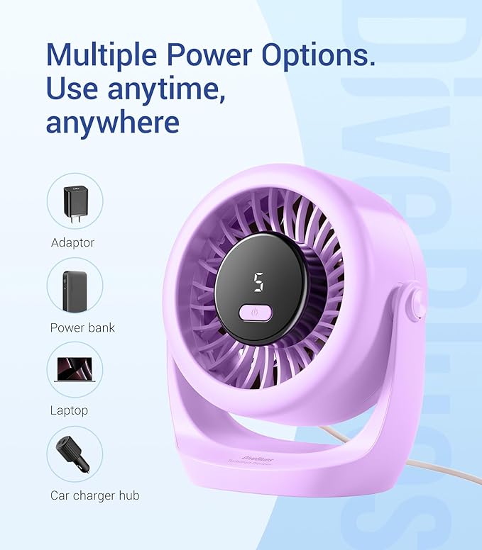 Diveblues USB Desk Turbo Fan, Ultra-Quiet Mini Desk Fan, Powerful Wind, LED Display, 5 Speed, 360° Rotating Small Portable Fan for Home, Office and Outdoor Cool Tech Gadgets - TurboBreeze