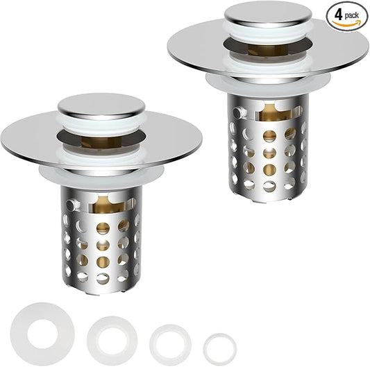 Universal Bathroom Sink Drain Strainer Hair Catcher 4PCS Upgraded with Removable Stainless Steel Filter Basket, 3 in 1 Pop Up Sink Stopper for 1.1''~2.36'' Sink Basin Hole, Chrome