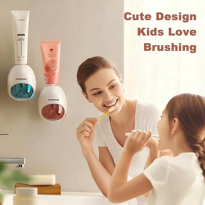 Toothpaste Dispenser Wall Mounted for Bathroom Automatic Toothpaste Squeezer for Kids and Adult with Custom Cleaning Brush & 2 Heavy-Duty Adhesive Pads (Rouge Powder)