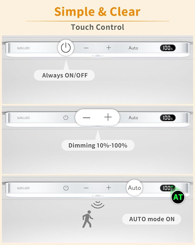 WILLED Motion Sensor Light Indoor, Battery Display, 60 LED Touch Light Bar, Under Cabinet Lights Rechargeable, Battery Operated Closet Light Wireless, Stick on Under Counter Lights for Kitchen(4 Pack)