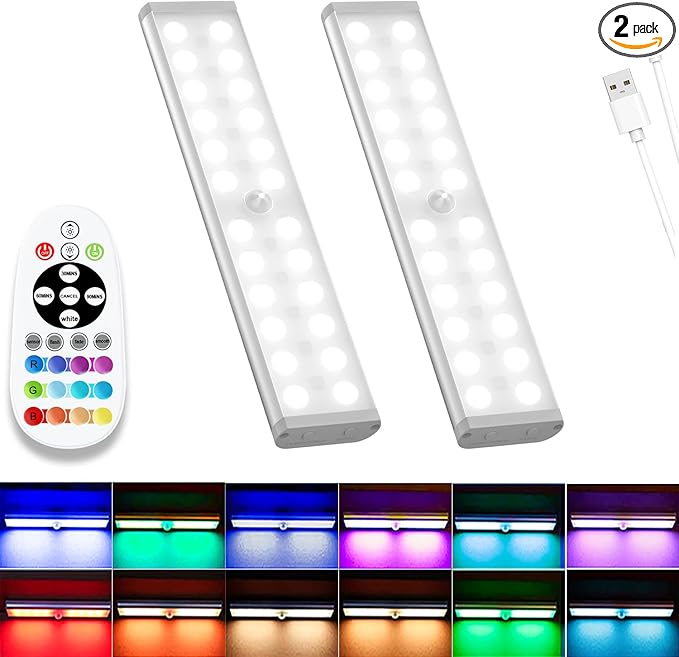Under Cabinet Lights Wireless, 58-LED Rechargeable Motion Sensor Closet Lights with Remote Control, RGB Color Changing Under Counter Lights for Kitchen, Pantry, Bedroom, Stairs, 2 Pack