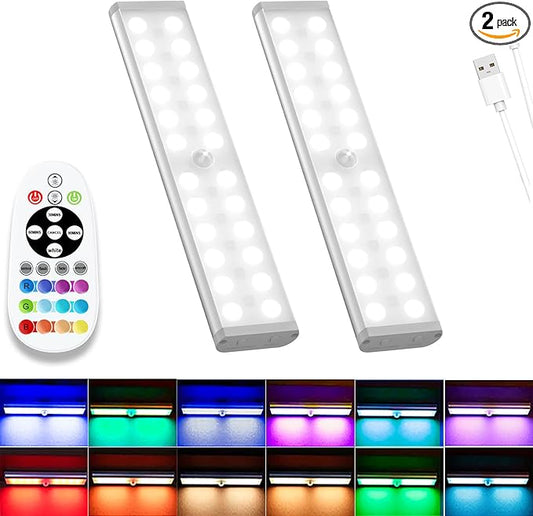Under Cabinet Lights Wireless, 58-LED Rechargeable Motion Sensor Closet Lights with Remote Control, RGB Color Changing Under Counter Lights for Kitchen, Pantry, Bedroom, Stairs, 2 Pack