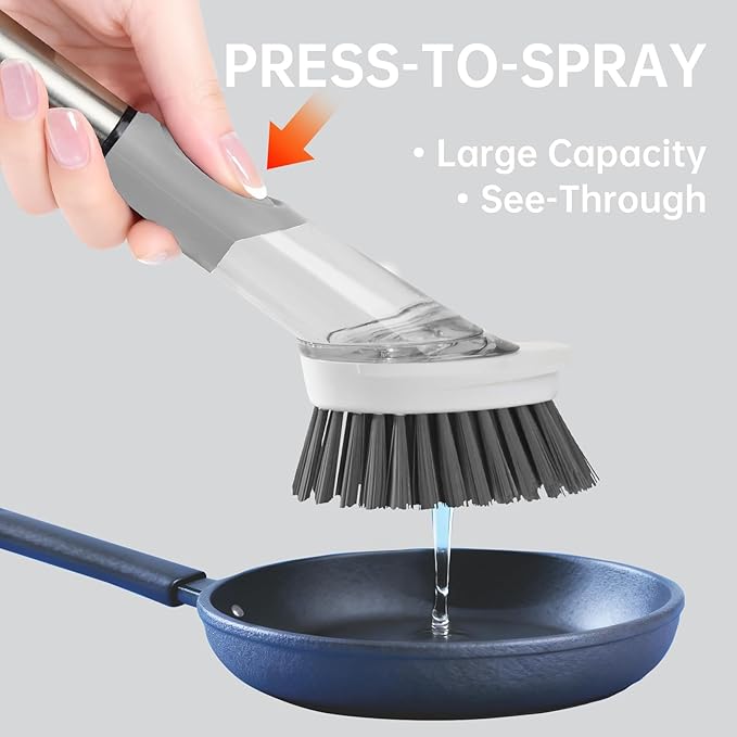 Soap Dispensing Scrub Dish Brush Head Replacements - 4 Kitchen Cleaning Brush Dish Wand Head, Scraper Heads for Stubborn Grime on Pots Pans, Stand/Hang Storage-Grey