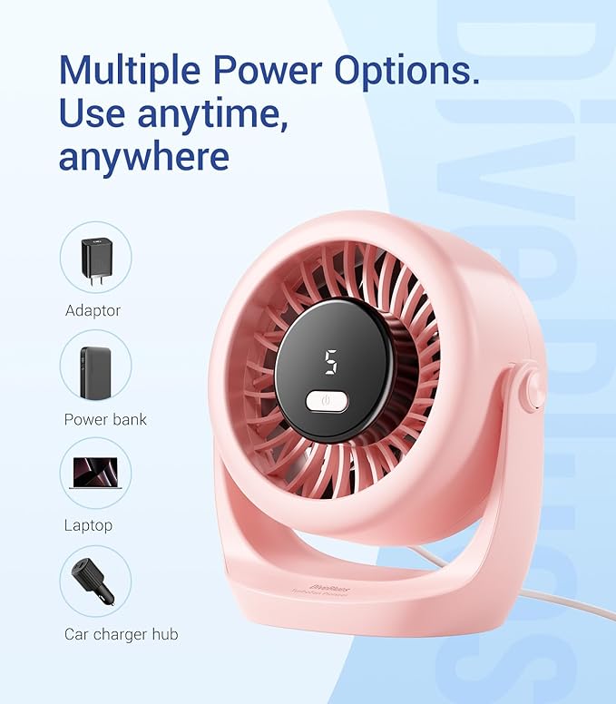 Diveblues USB Desk Turbo Fan, Ultra-Quiet Mini Desk Fan, Powerful Wind, LED Display, 5 Speed, 360° Rotating Small Portable Fan for Home, Office and Outdoor Cool Tech Gadgets - TurboBreeze