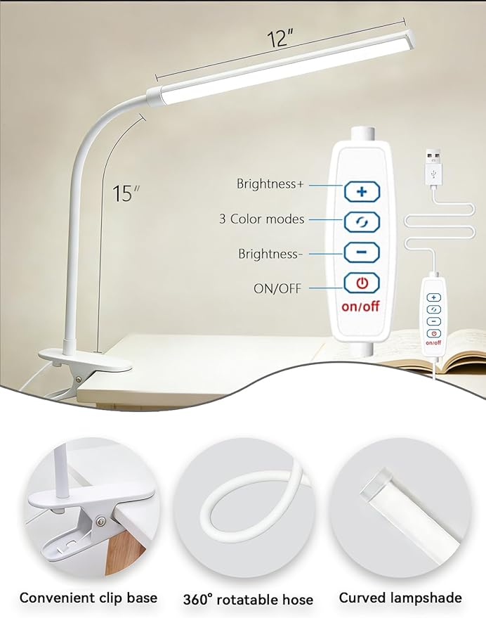 Set of 2 LED Desk Lamp with Clamp for Office Home, Clip on Desk Light Bar with 360 Adjustable Neck, Monitor Light Bar for Drawing Desk, Work from Home Reading Light for Night Stands