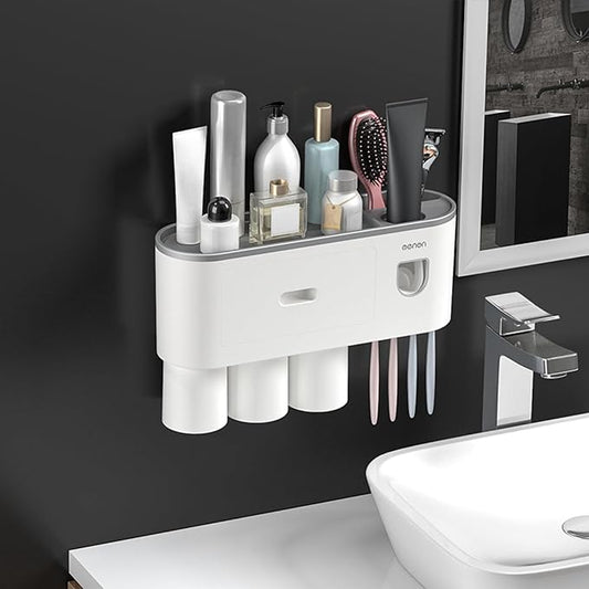 No-Drill Wall Mounted Toothbrush Holder, Bathroom Shelf, with Automatic Toothpaste Dispensers 4 Brush Hooks 3 Magnetic Cups 1 Cosmetic Drawer Organizer and Large Storage (1 Dispenser 3 Cups)