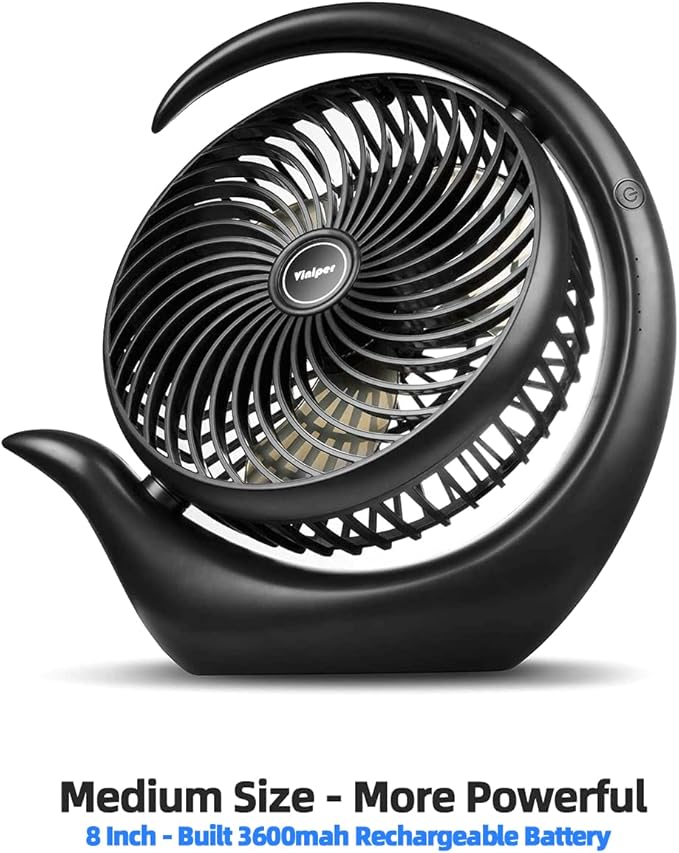Viniper 8.7 inch Portable Rechargeable Fan, Small Table Fan : 180 Rotation and 3 Speeds Strong Wind Quiet Desk Fan, Long Working Hours for Home Outdoor (Black, Light Black Blade)