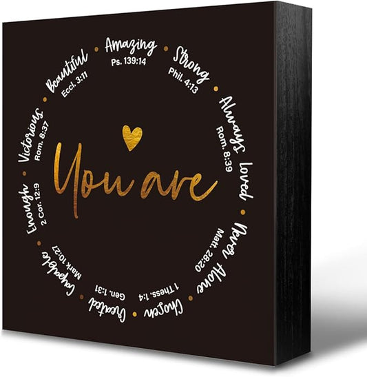 You Are Amzaing Brave Strong Quote Sign, Christian Desk Decor Wood Box Sign, The Bible Verse Quote Desk Sign Cheer Up Gifts for Home Office Table Decor, Religious Gifts for Women 5x5 Inches