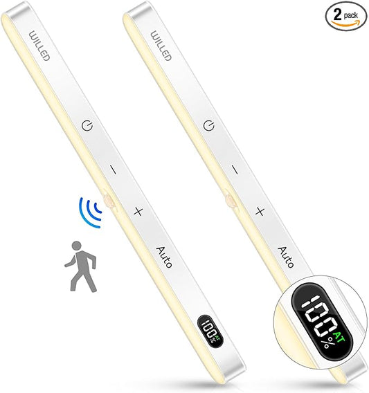 WILLED 3000K Closet Lights Motion Sensored, Battery Display, 60 LED Touch Light Bar, Motion Sensor Light Indoor, Under Cabinet Lights Rechargeable, Stick on Lights for Closet, Kitchen, Hallway, 2 Pack