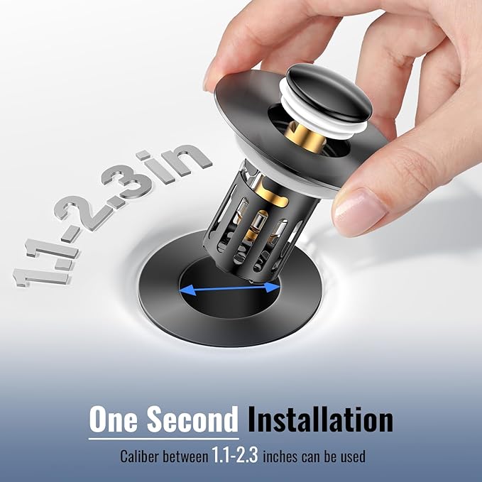 (2 Pc) Bathroom Sink Stopper-All Metal Sink Stopper-Universal Fit 99% Bathroom Stopper with Removable Stainless Steel Hair Catcher- Basin (1.1'' to 2.36'' inch) - Black