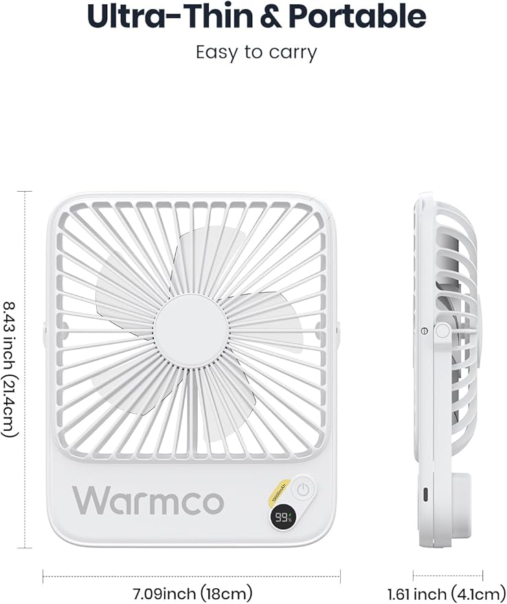 Warmco 10000mAh Portable Travel Fan 7-inch, Max 24H Runtime, Ultra-thin Quiet Rechargeable Battery Operated Desk Fan with Digital Display for Camping, Office, Bedroom, Cruise Essentials White