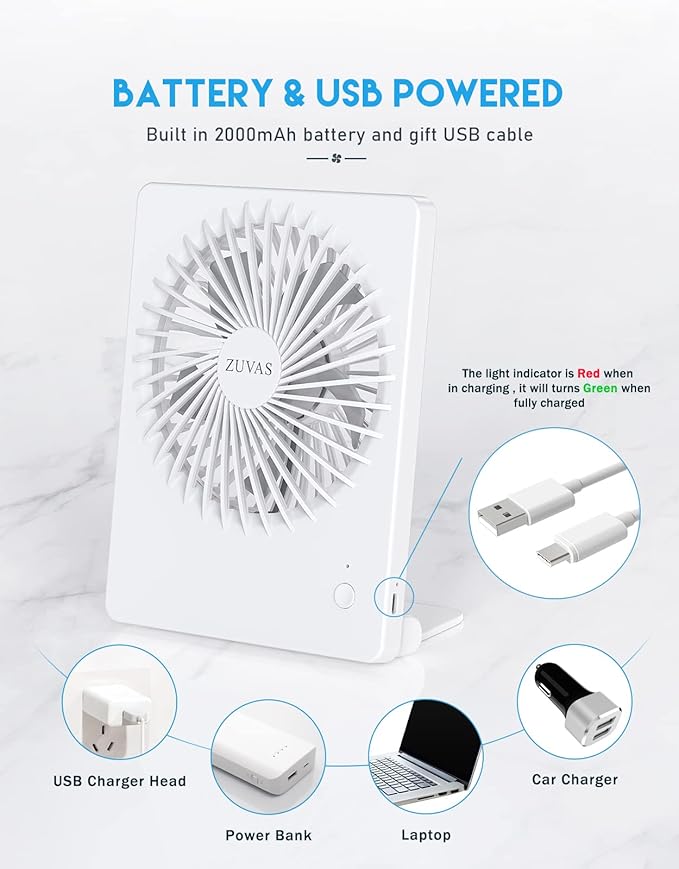 Zuvas Desk Fan Battery Operated Fan Rechargeable 180°Tilt Folding Personal Fan Ultra Quiet Small Portable 3 Speed Adjustable Strong Wind Fan For Office Bedroom Home Desktop Camping (White)