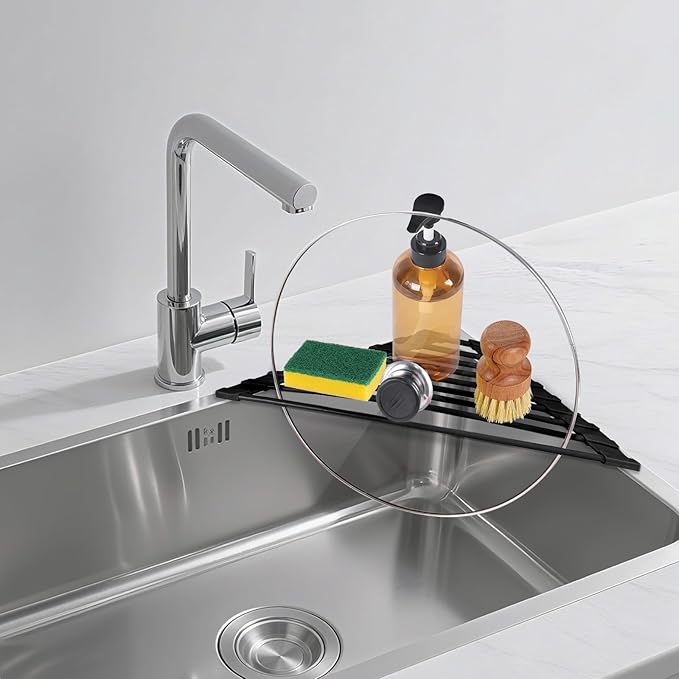 Triangular Sink Rack, Multi-Functional Rack Above the countertop, Foldable Sink Drying mat, Heat-Resistant, Non-Slip, and Rust-Proof Dish Rack (Black)