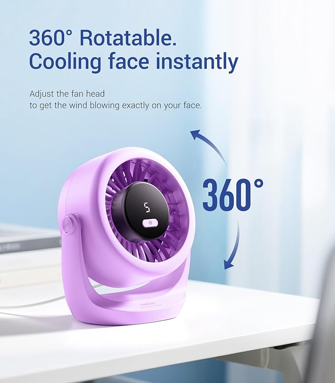 Diveblues USB Desk Turbo Fan, Ultra-Quiet Mini Desk Fan, Powerful Wind, LED Display, 5 Speed, 360° Rotating Small Portable Fan for Home, Office and Outdoor Cool Tech Gadgets - TurboBreeze