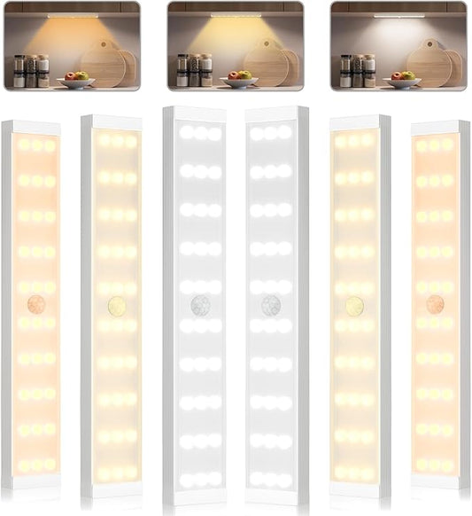 Under Cabinet Lighting, 6Pack Motion Sensor Light Indoor with 3 Color Temps, Dimmable Closet Lights, LED Magnetic Light, Rechargeable Under Counter Lights for Kitchen, Wardrobe, Hallway, Stairs