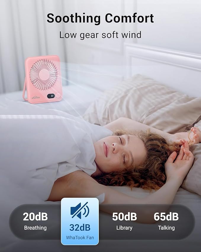 WHATOOK Small Desk Fan Personal Fans: 5000mah 25 Hours Battery Office Quiet Mini Desktop Fan Portable Rechargeable Travel Essentials (Pink, 5000 mAh)
