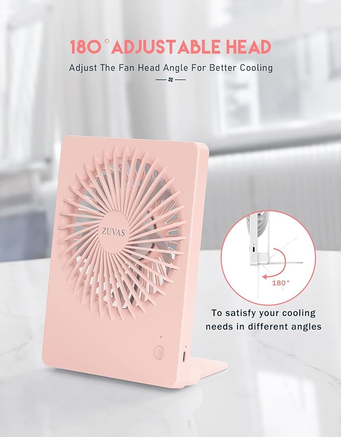 Zuvas Desk Fan Battery Operated Fan Rechargeable 180°Tilt Folding Personal Fan Ultra Quiet Small Portable 3 Speed Adjustable Strong Wind Fan For Office Bedroom Home Desktop Camping (Pink)