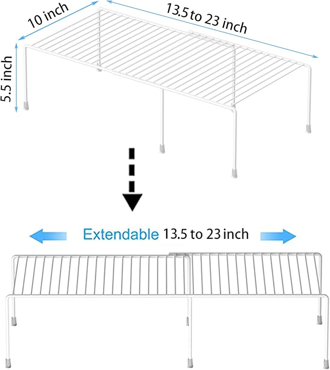 Redrubbit Cabinet Storage Shelf Rack, Expandable Metal Rustproof Kitchen Counter and Cabinet Shelf, Storage Rack Organizer Space Saver for Kitchen, Fridge, Cabinet, Bathroom, White, Set of 4