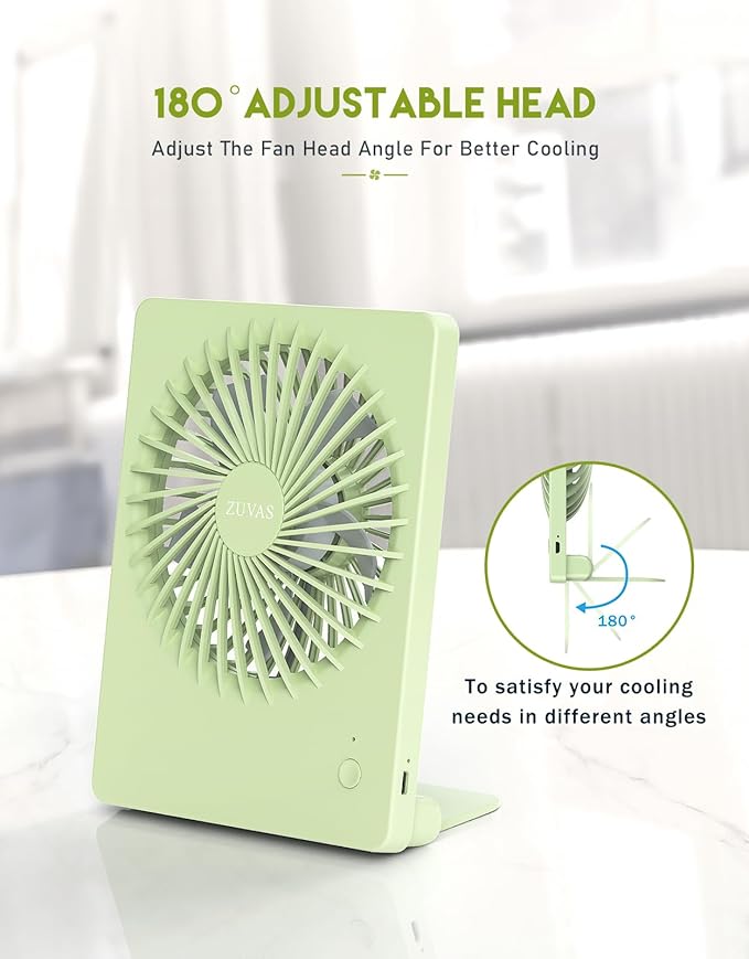 Zuvas Desk Fan Battery Operated Fan Rechargeable 180°Tilt Folding Personal Fan Ultra Quiet Small Portable 3 Speed Adjustable Strong Wind Fan For Office Bedroom Home Desktop Camping (Light Green)