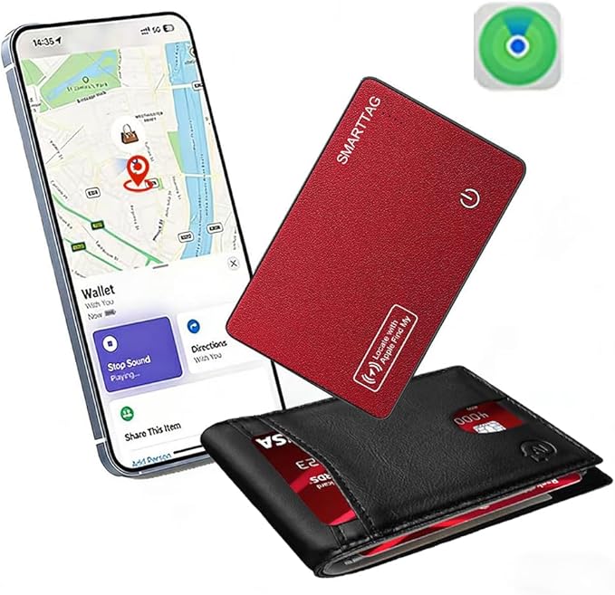 SMART LB Wallet Tracker Card Like Apple Air Tag Work with Apple Findmy(iOS only), Thin Wallet Finder with Wireless Charger(Not Include Charger), air Tags Card Tracker (Red, Card)