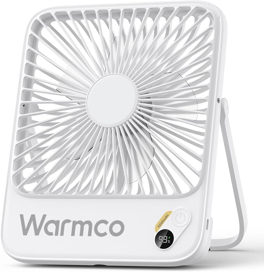 Warmco 10000mAh Portable Travel Fan 7-inch, Max 24H Runtime, Ultra-thin Quiet Rechargeable Battery Operated Desk Fan with Digital Display for Camping, Office, Bedroom, Cruise Essentials White