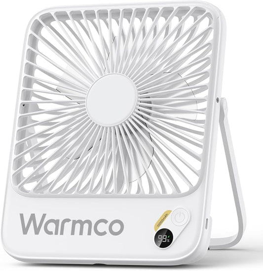 Warmco 10000mAh Portable Travel Fan 7-inch, Max 24H Runtime, Ultra-thin Quiet Rechargeable Battery Operated Desk Fan with Digital Display for Camping, Office, Bedroom, Cruise Essentials White